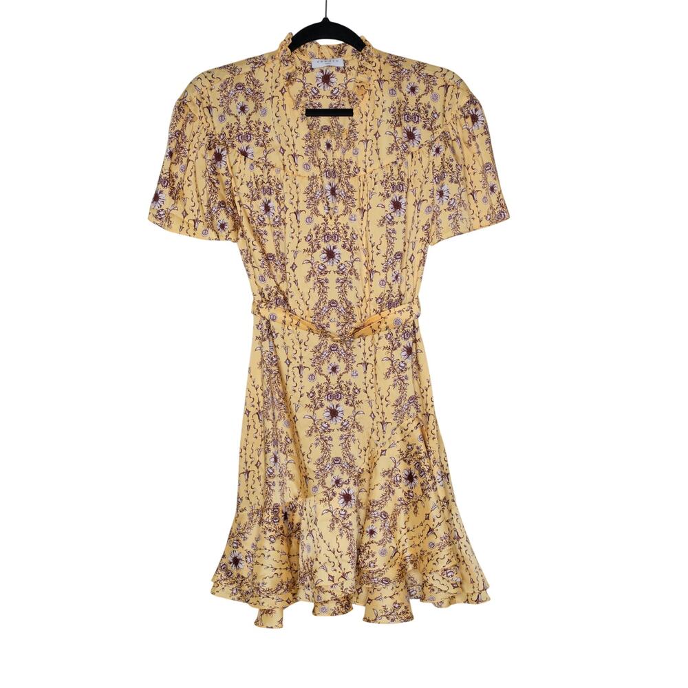 Sandro Suzette Mini Dress Yellow Floral Belted A-Line Ruffle SZ 4 US - Picture 4 of 8